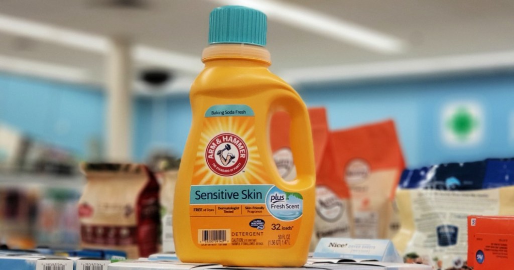 bottle of Arm & Hammer Sensitive Skin Laundry Detergent ontop of products at walgreens