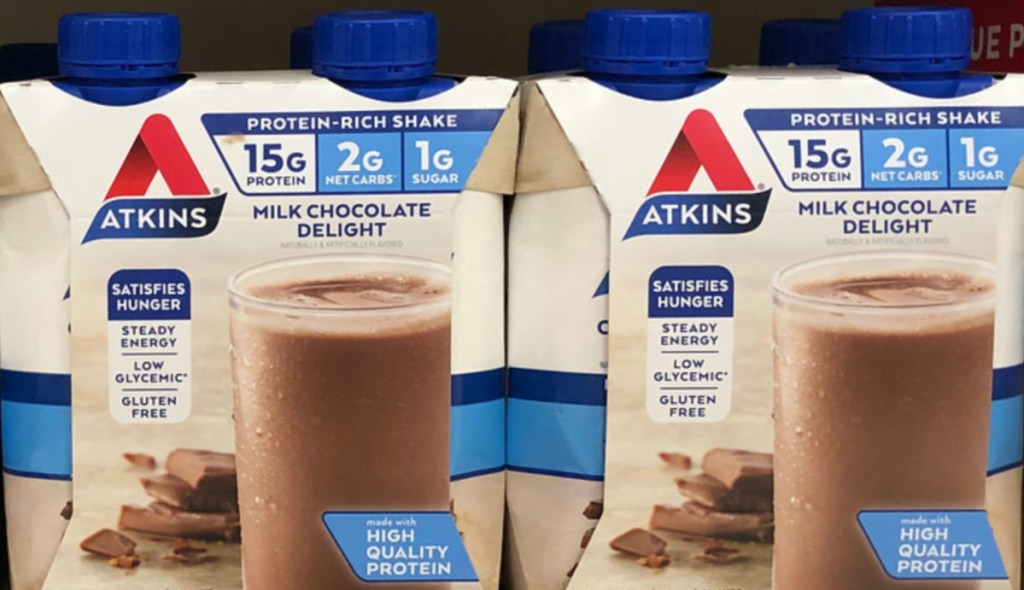 chocolate flavored protein shakes on store shelf