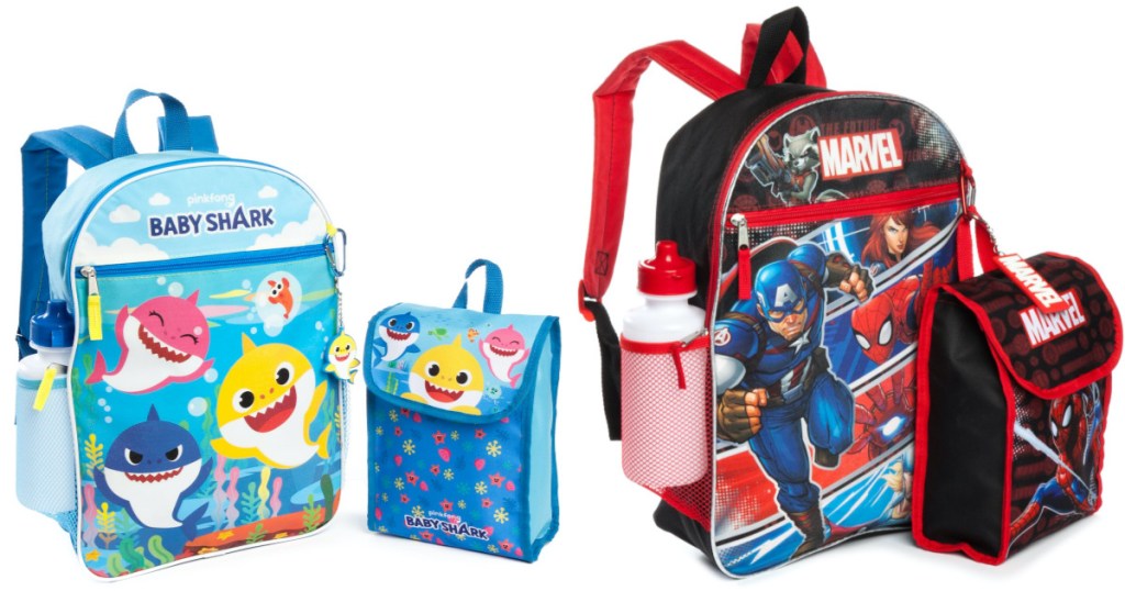 Baby Shark and Marvel backpack sets with backpack, lunch box, water bottle, and pouch