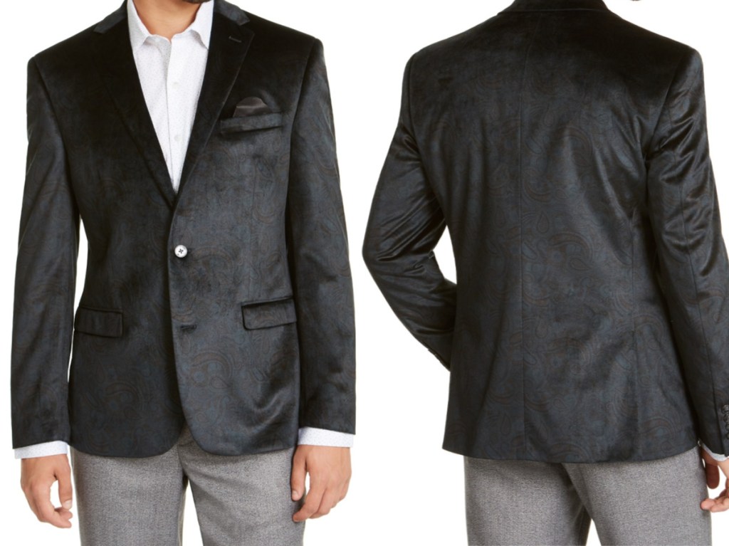 man in black paisley print velvet sport coat