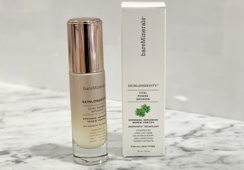 BareMinerals Skinlongevity Serum and box sitting on marble table