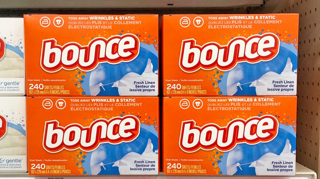 four orange boxes of bouce dryer sheets on store shelf