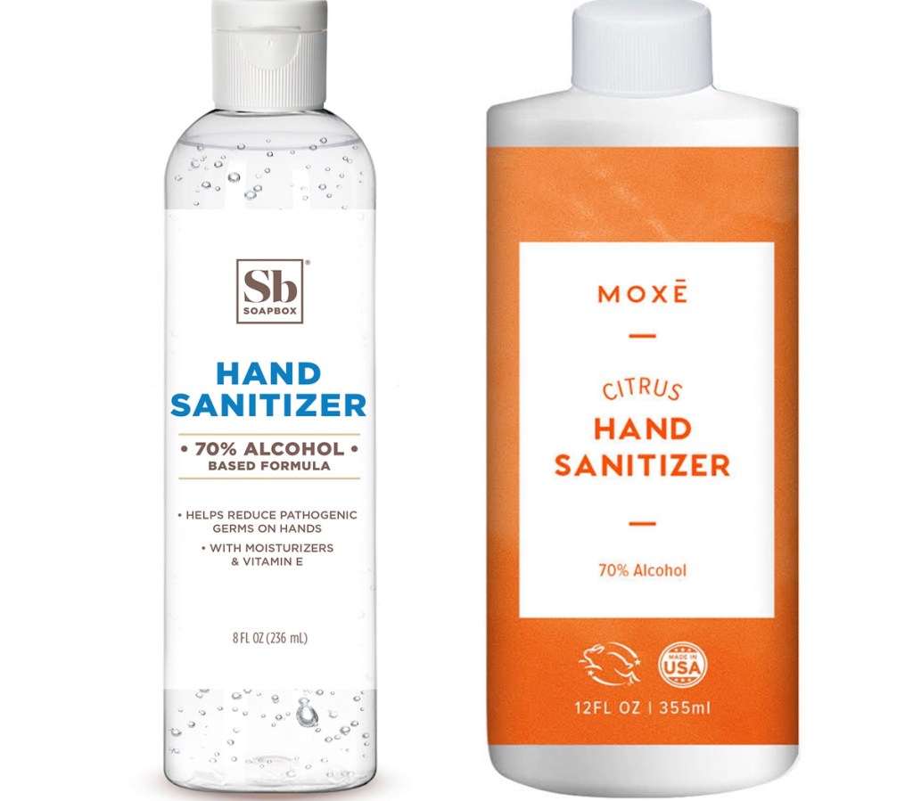 bottle of soapbox brand and moxe brand hand sanitizers