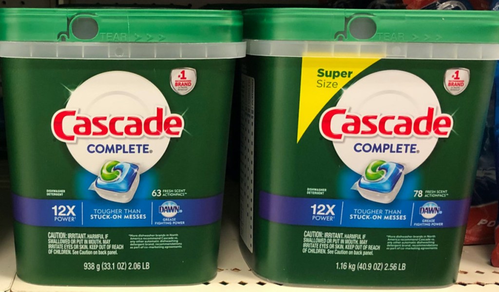 two tubs of dish detergent pacs on store shelf