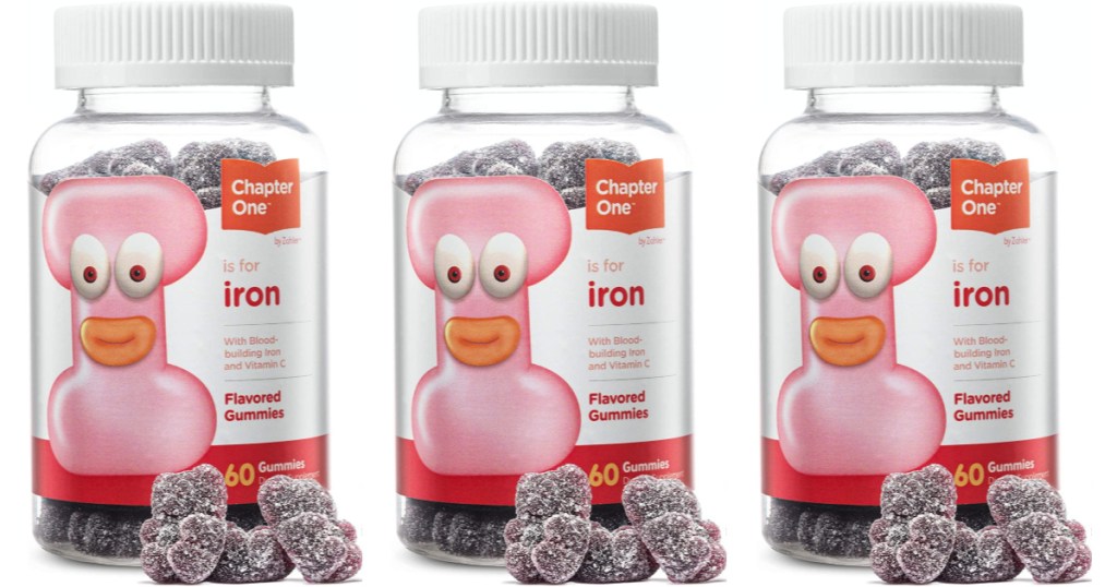 three bottles of iron chewable bear-shaped gummies with some next to bottles