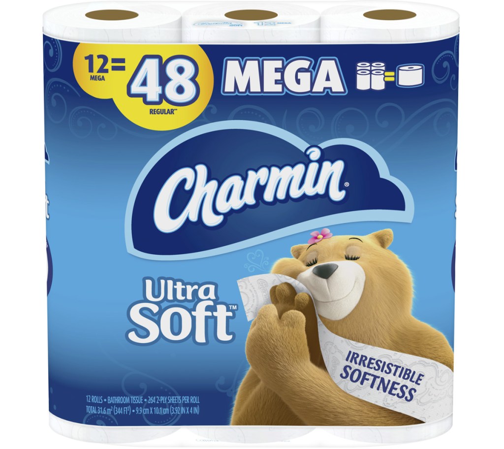 blue package of Charmin ultra soft toilet paper with 12 mega rolls
