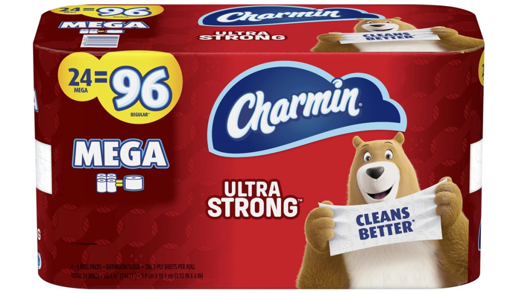 red package of Charmin ultra strong toilet paper with 24 mega rolls