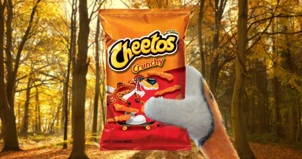 chester cheeto's hang holding up bag of cheetos in forrest
