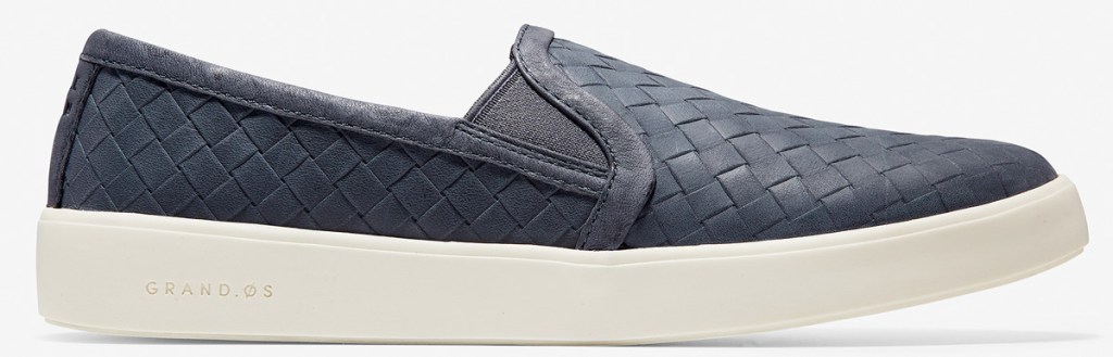 blue slip-on sneaker with basket weave pattern