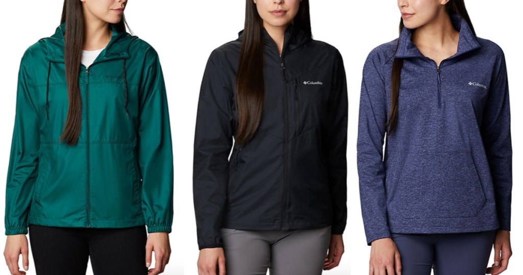 3 women wearing Columbia jackets and outerwear