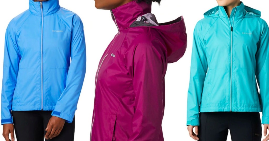 three Columbia jackets in various colors