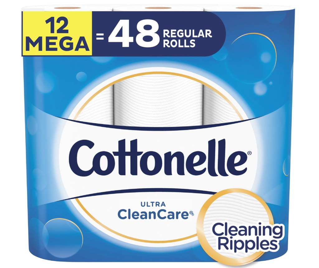 blue package of Cottonella toilet paper with 12 mega rolls
