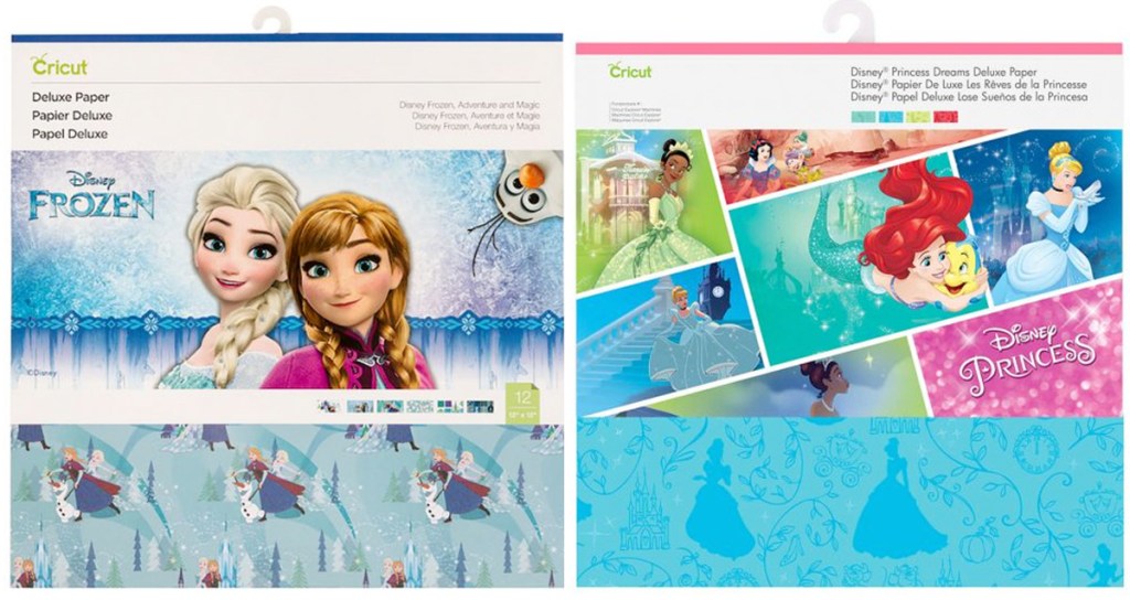 two sets of printed cricut paper in disney princess and frozen prints