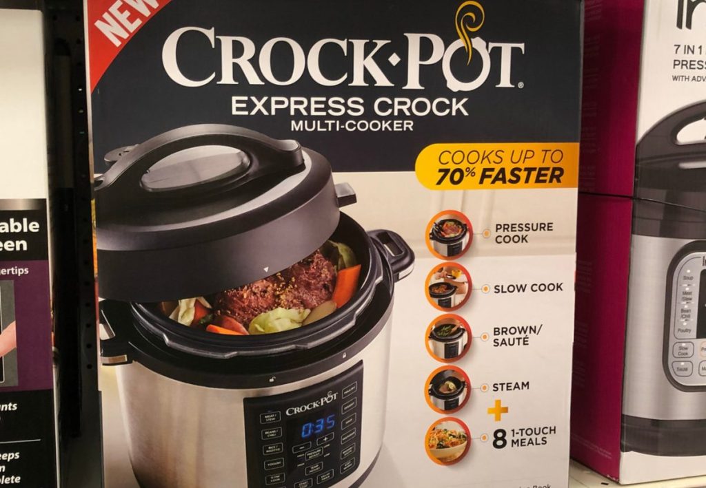 black stainless steel pressure cooker in box on store shelf