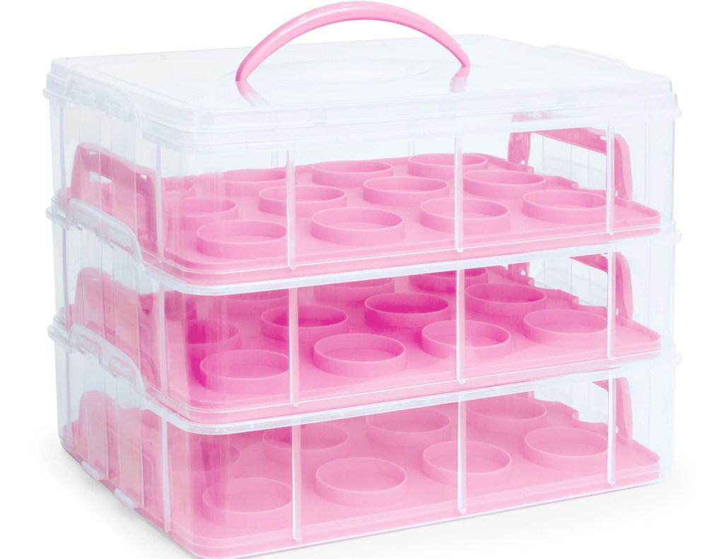 plastic cupcake carrier wtih three pink trays and pink carrying handle