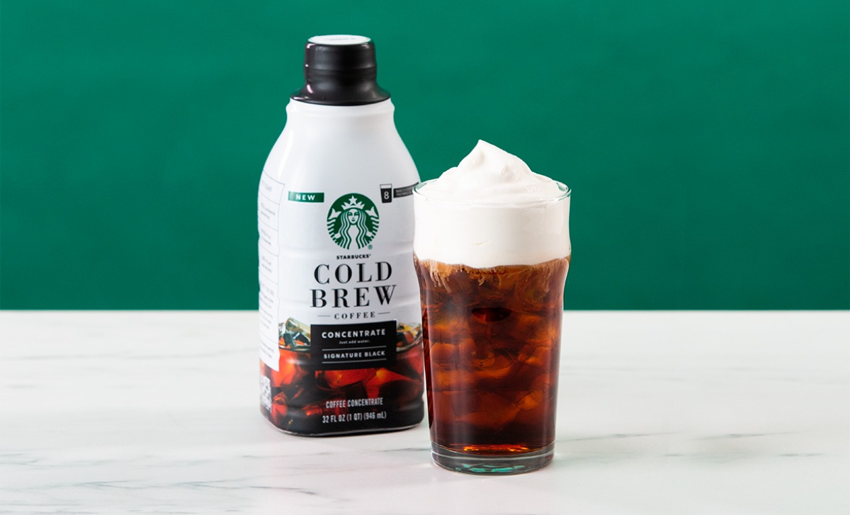 Bottle of Starbucks Cold Brew with upside down Dalgona coffee
