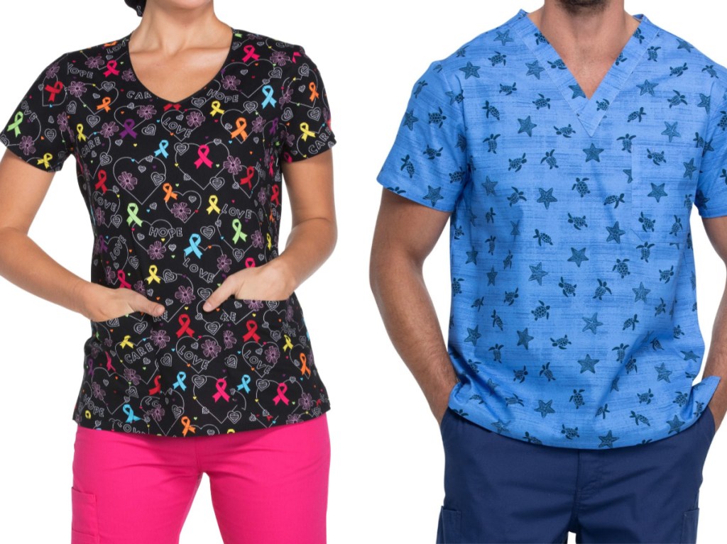 woman in pink scrub pants and black scrub top with colored ribbons and man in blue fish scrub top