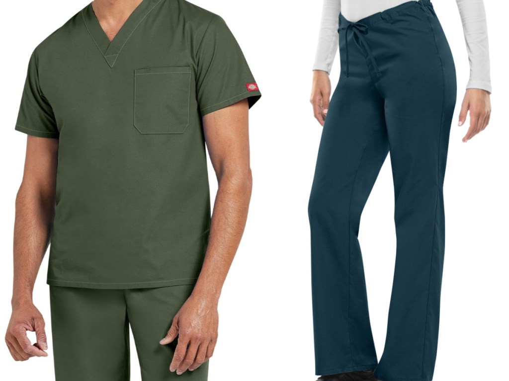 man in green scrubs and woman in white long sleeve top and green/blue scrub pants