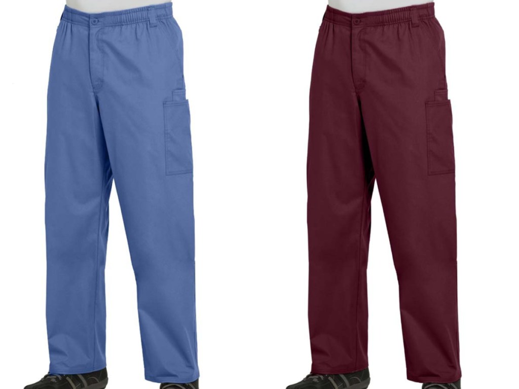 light blue scrub pants and maroon scrub pants