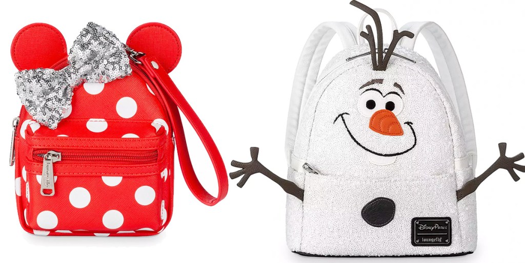 minnie mouse polka dots backpack shaped wristlet and frozen olaf white sequin mini backpack
