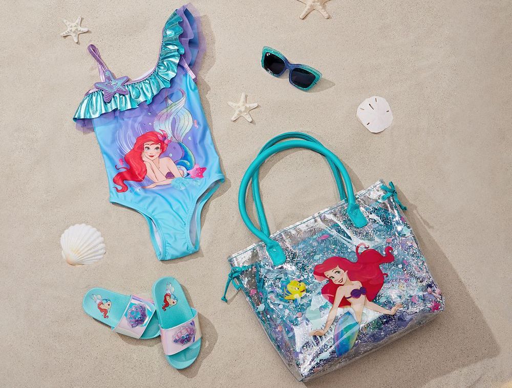 Ariel swimsuit, bag, sandals and sunglasses