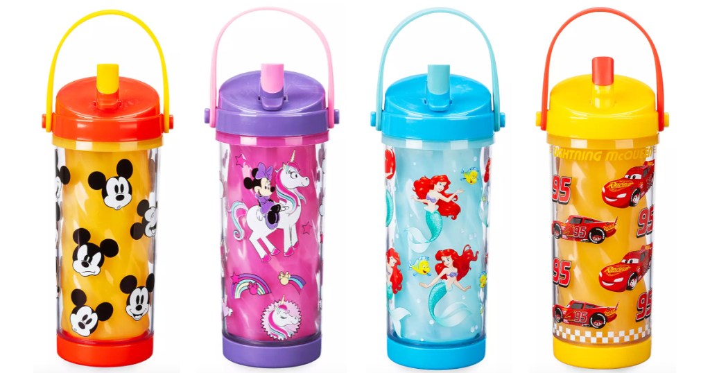 4 disney color chnaging tumblers lined up next to each other