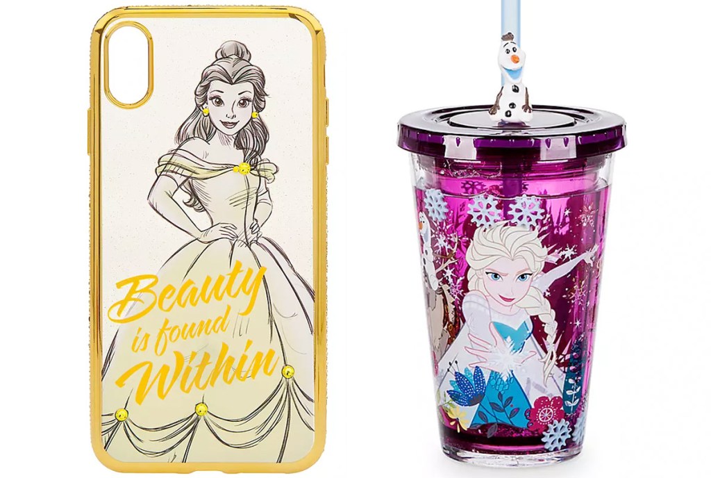 beauty and the beast belle iphone case and pink and blue frozen elsa drink tumbler