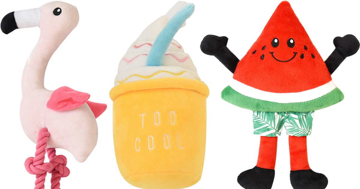 flamingo, ice cream, and watermelon plush dog toys