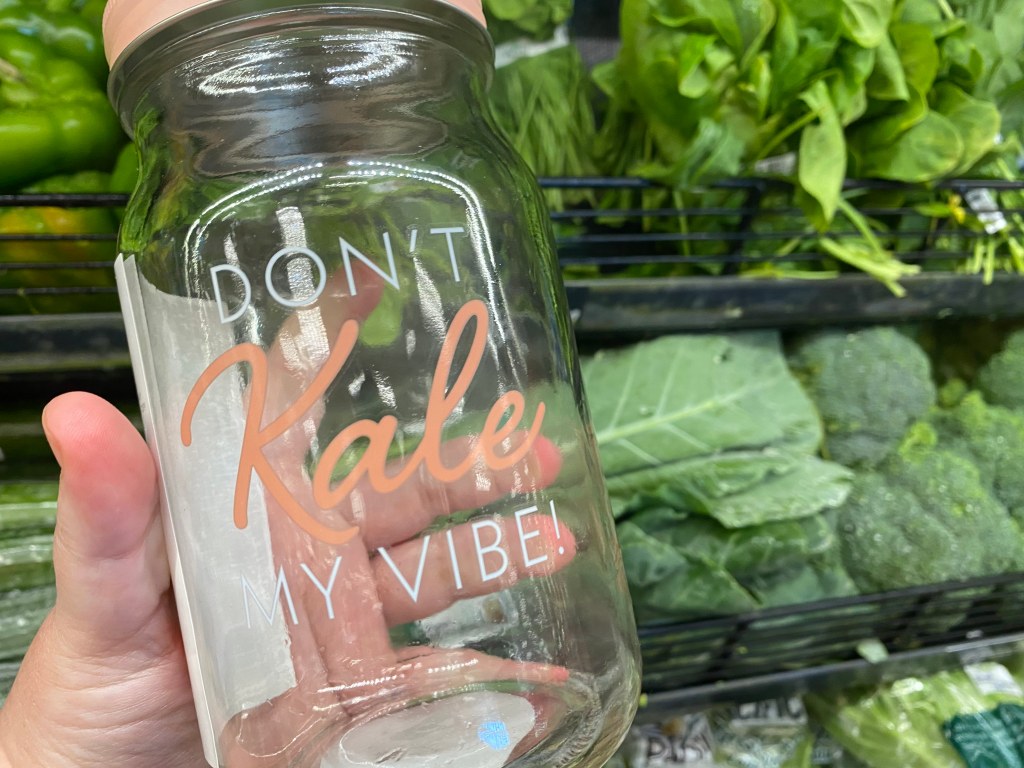 Don't Kale My Vibe Salad Jar in front of kale