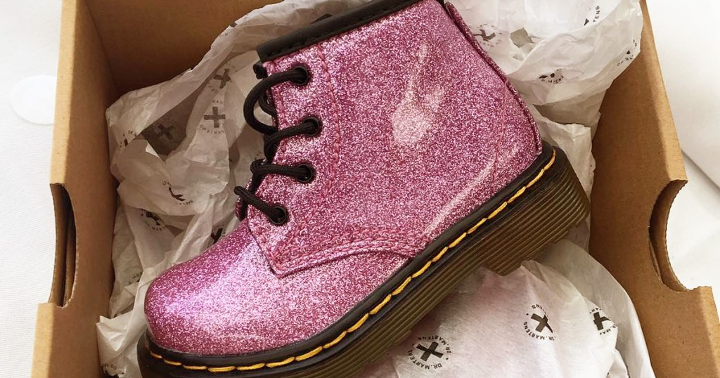 pink glitter kids boot in shoe box