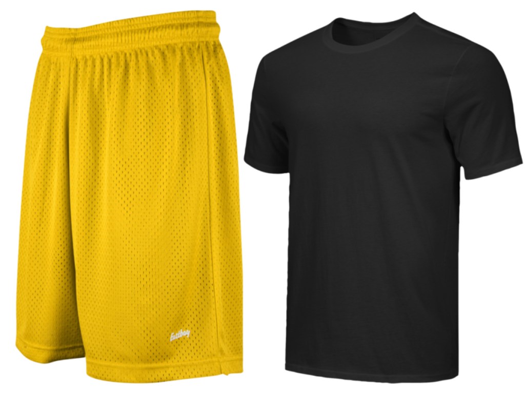 yellow/gold mesh basketball shorts and black sports tee