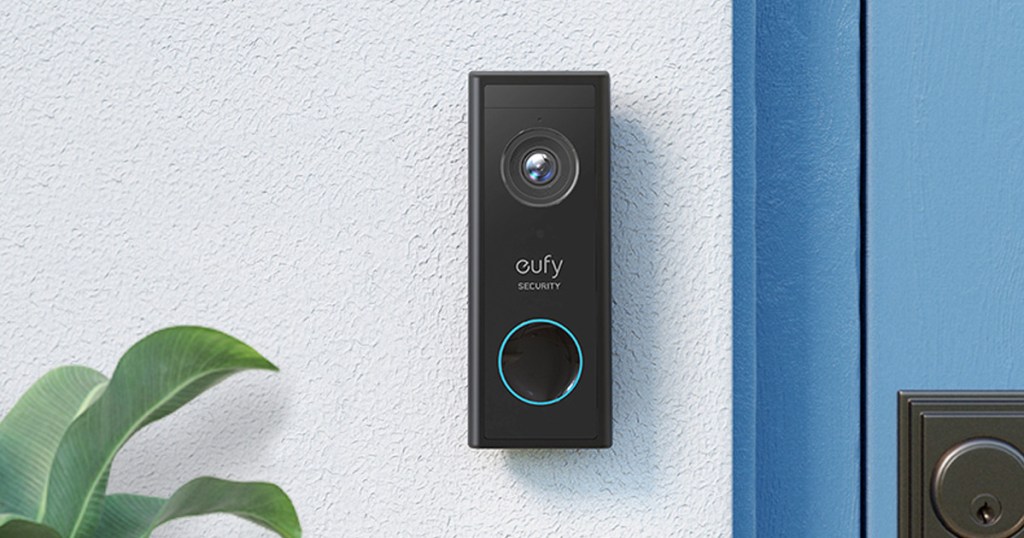 black video doorbell on white wall next to blue door and plant