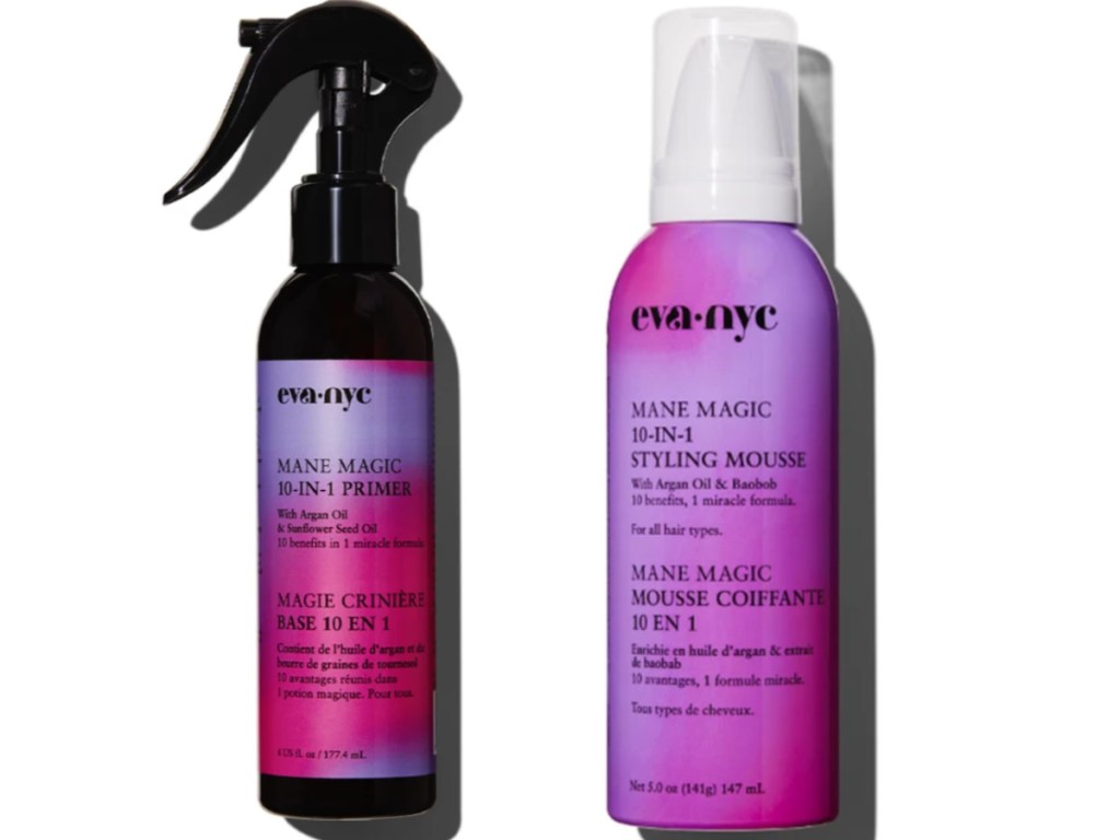 Eva NYC Haircare primer spray and mousse bottles