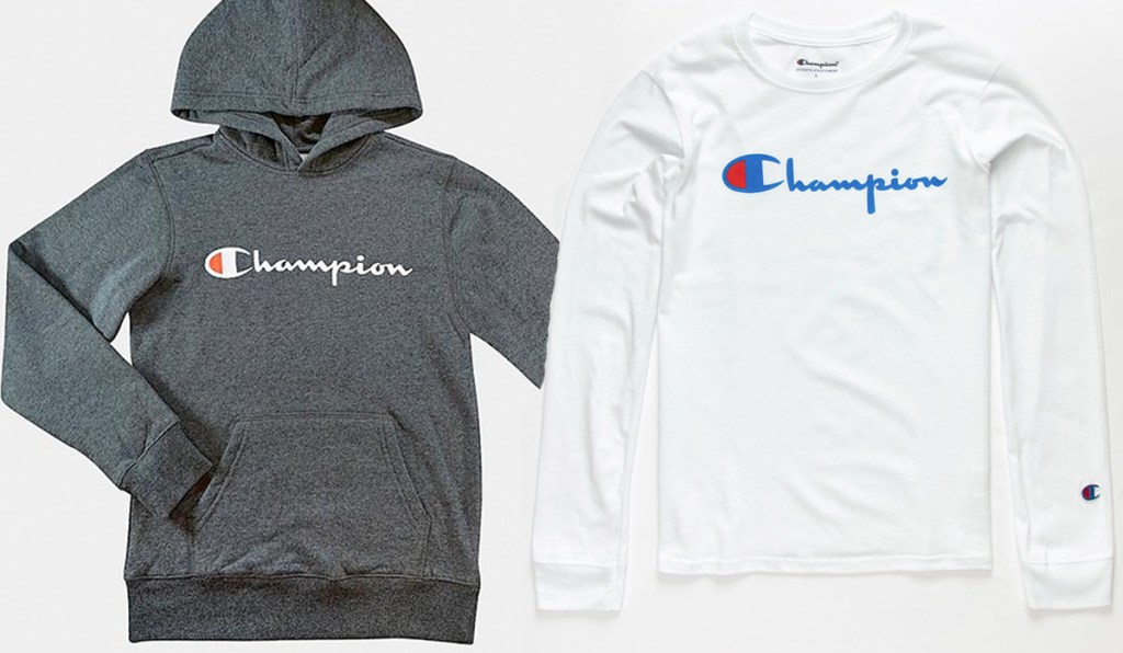 grey hoodie with champion logo on front and white long sleeve shirt with blue champion logo on front