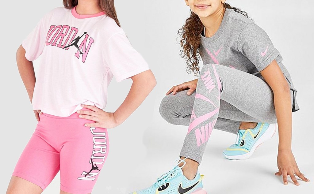 girl modeling pink jordan shirt and shorts and girl modeling grey nike leggings