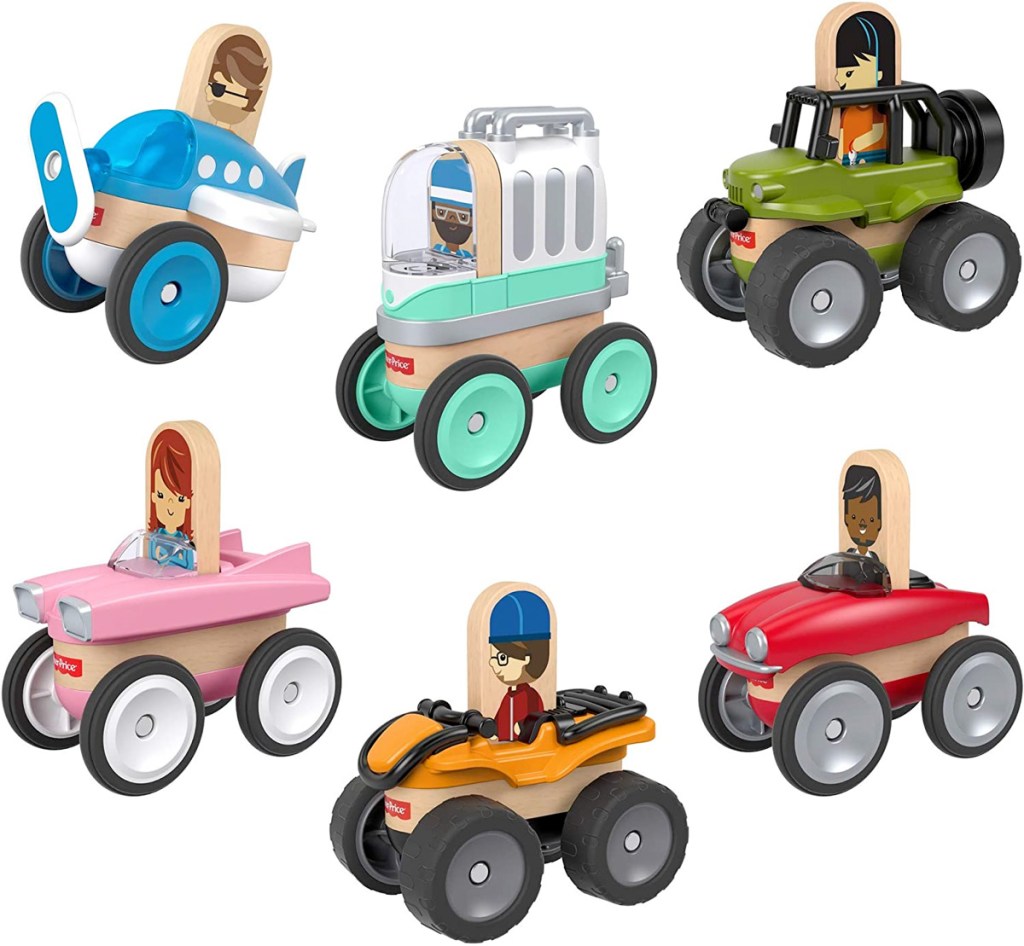 six wooden fisher price cars in various colors