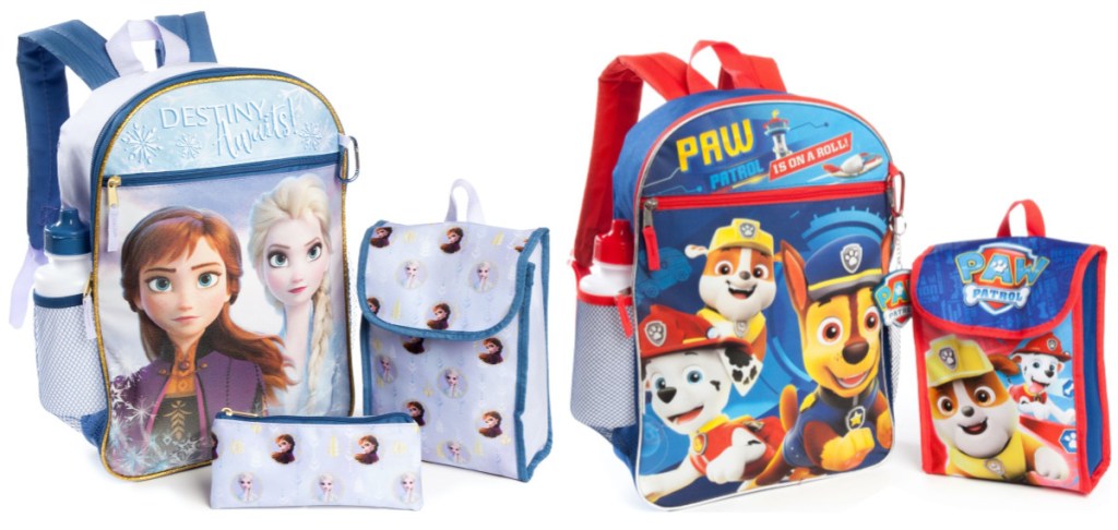 Disney Frozen 2 and Paw Patrol backpack sets with backpack, lunch box, water bottle, and pouch
