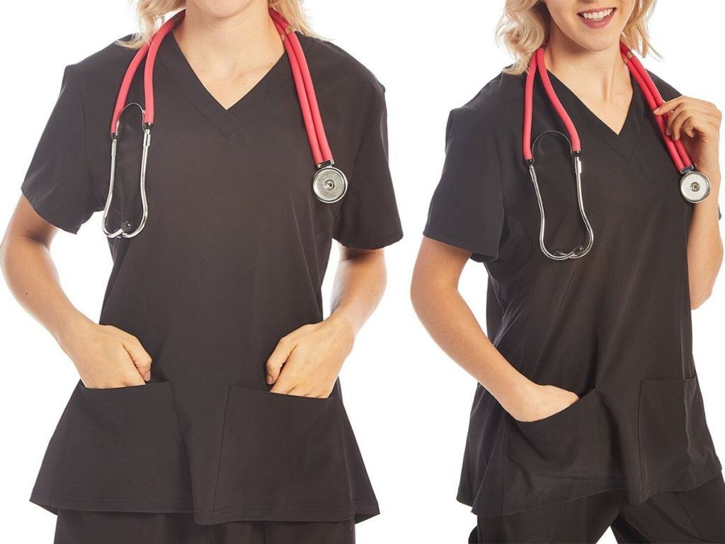 woman wearing scrubs with stethoscope around her neck 