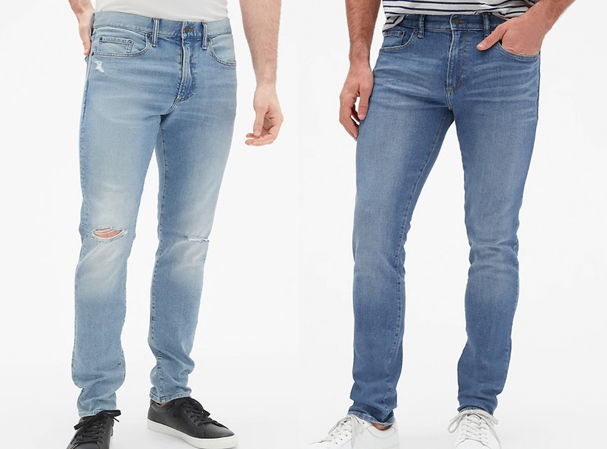 two men modeling slim fit jeans