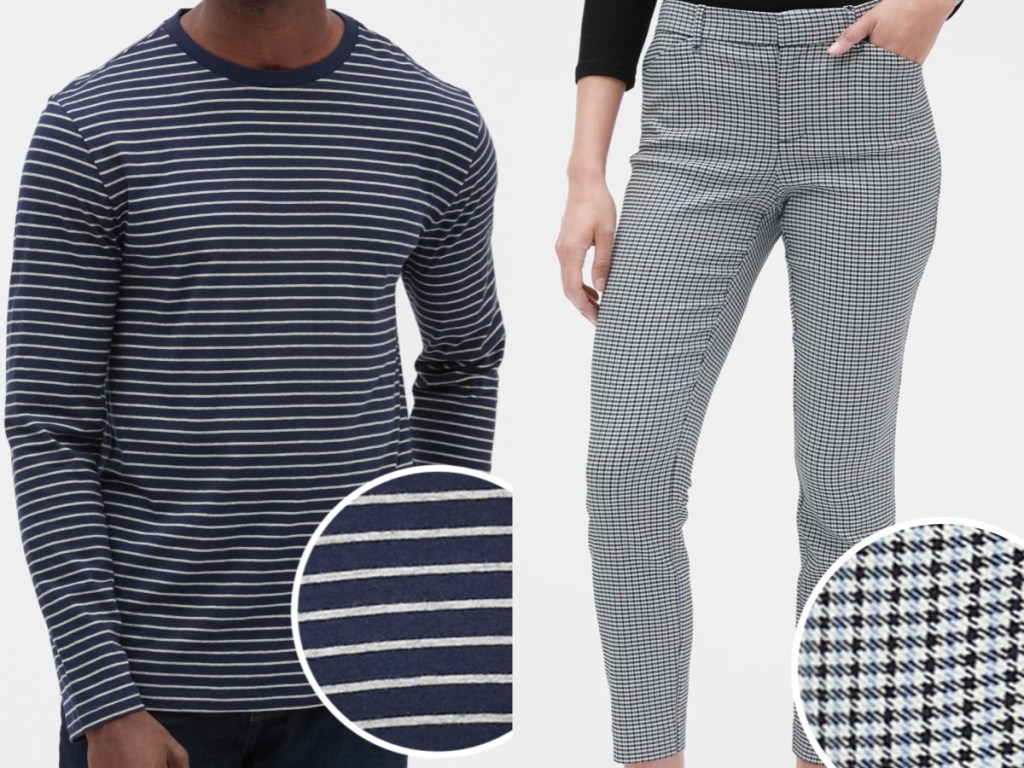 man in blue and white striped long-sleeve top and woman in black and white houndstooth pants