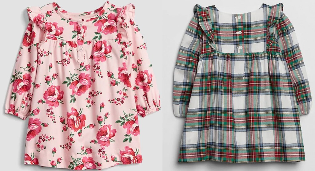 two toddler girls ruffle dresses in pink floral and plaid prints