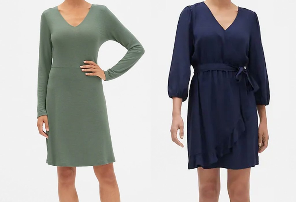 woman modeling olive green dress and woman modeling navy blue wrap dress