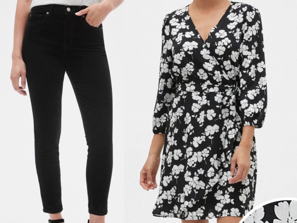 woman in black pants and woman in black and white floral wrap dress