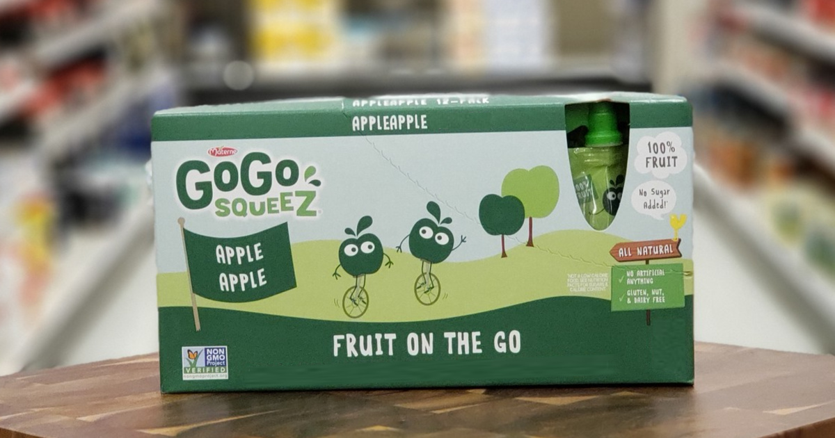 pack of squeezable applesauce pouches on wood counter in store
