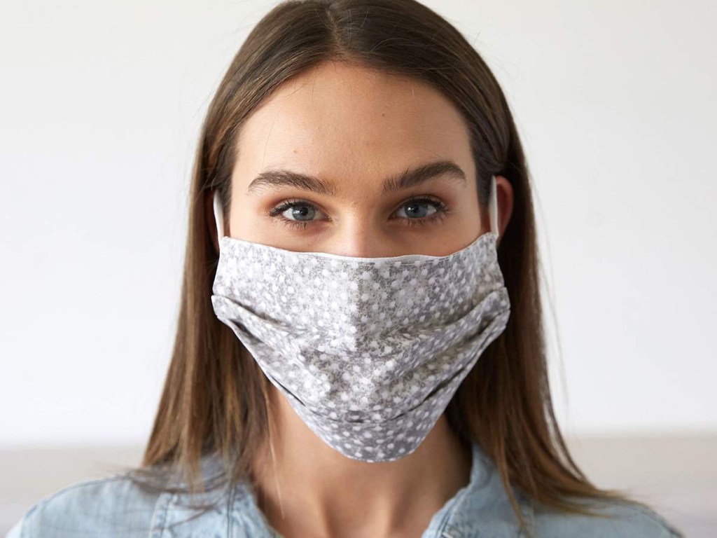woman wearing Gray & White Polka Dot Cotton Face Mask