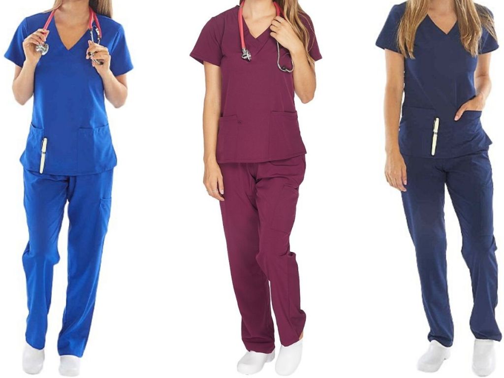 three women wearing scrubs