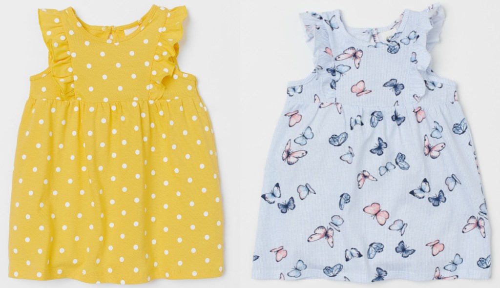 girls yellow polka dot dress and girls blue butterfly dress