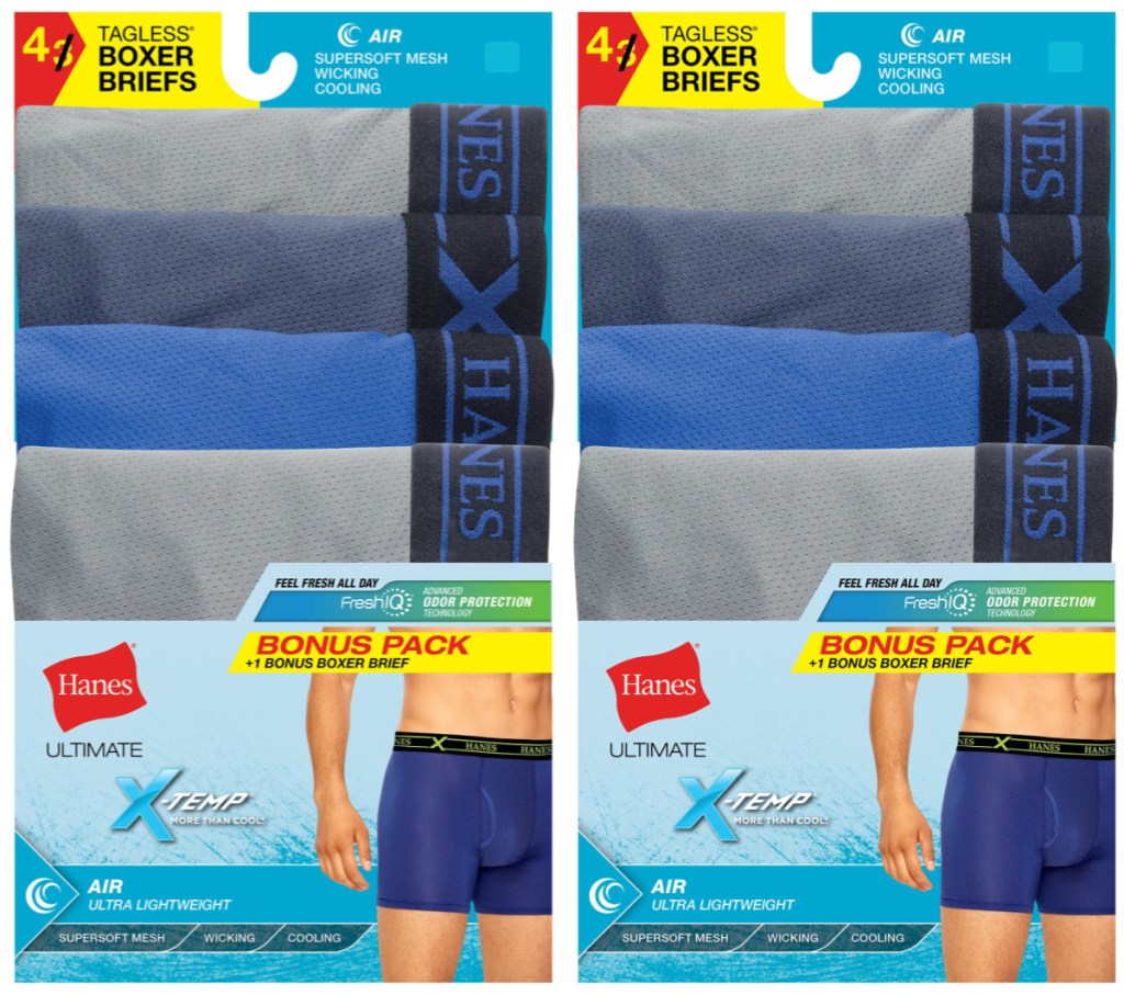 two packs of Hanes Ultimate Men's FreshIQ X-Temp Air Boxer Briefs Assorted Dyed 4-Pack