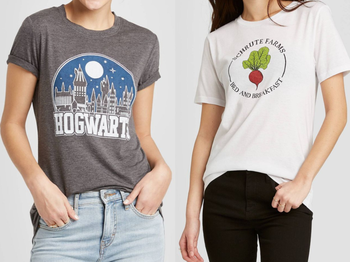 woman in grey Harry Potter tee and woman in white The Office tee