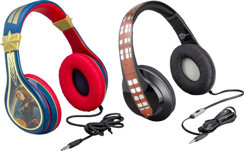 red and blue captain marvel themed headphones and black and orange star wars chewbaca themed headphones